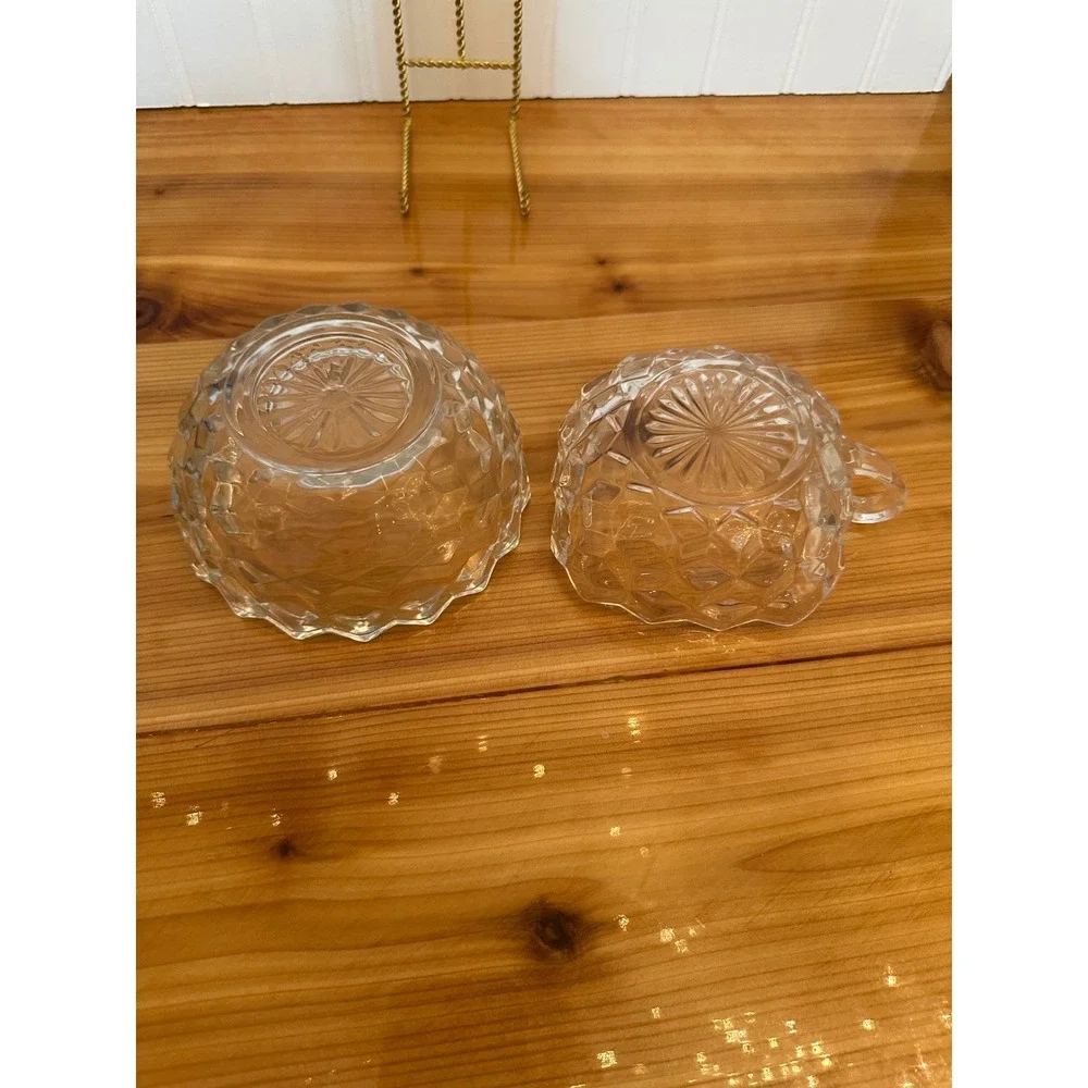 Vintage Pressed Glass Fostoria Cubist Design Nappy Bowl Set Diamond Point MCM